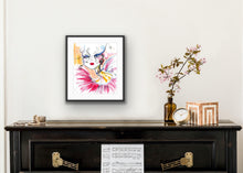 Pink Swan artwork above piano by Talia Zoref
