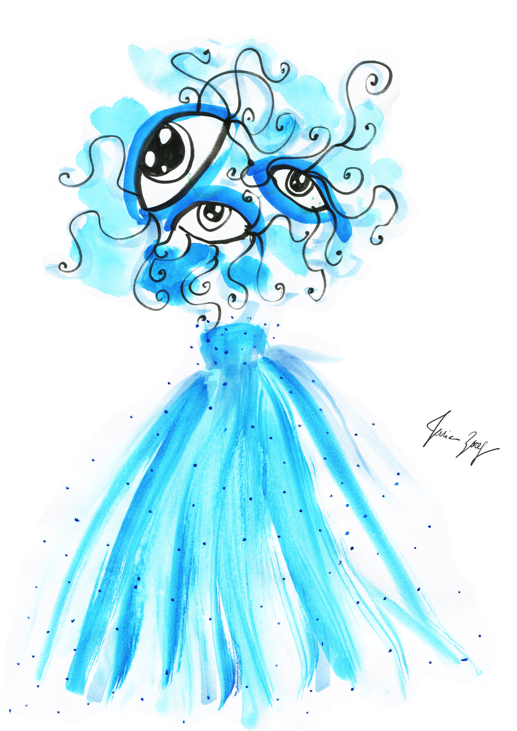 Cynderella Eye is Eye Art with 3 eyes wearing a blue dress by Talia Zoref