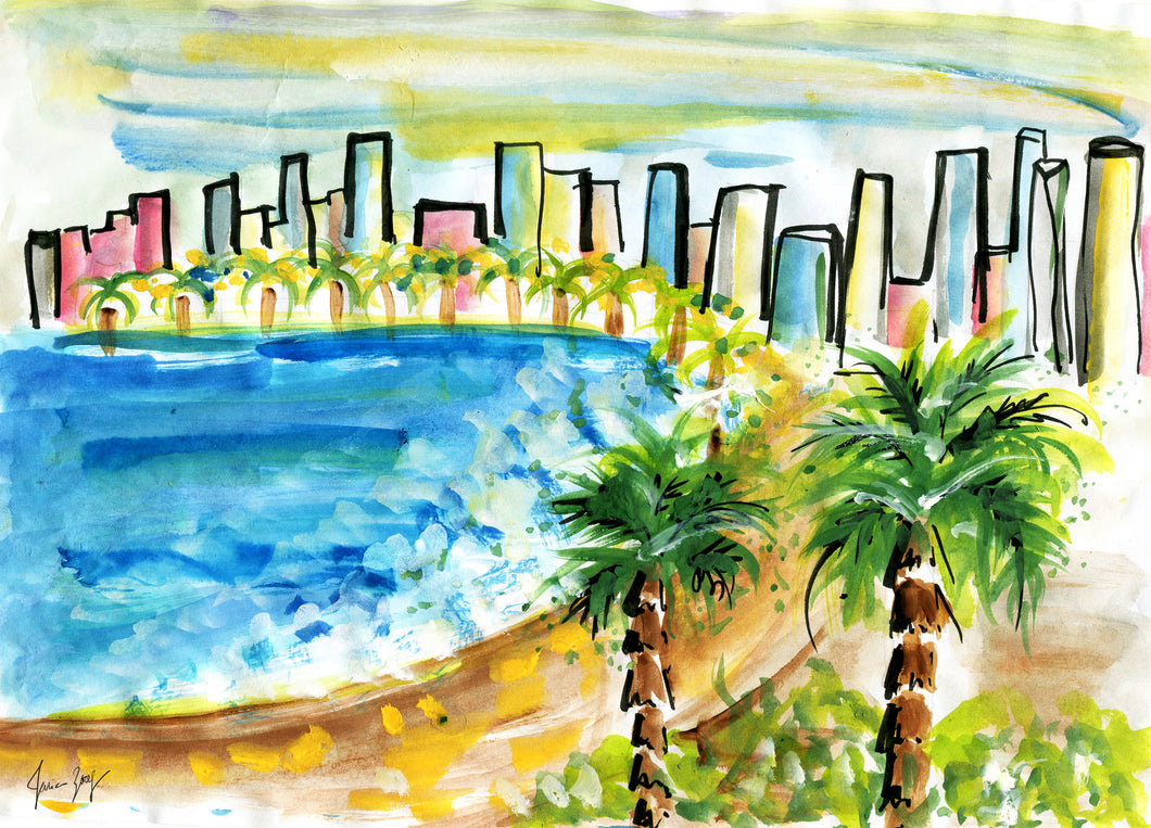 Colorful coastline view of Tel Aviv from Jaffa - Travel painting by Talia Zoref