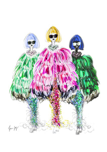 Painting of Anna Wintour  in 3 different Chanel capes-pink, dark green and emerald green by Talia Zoref
