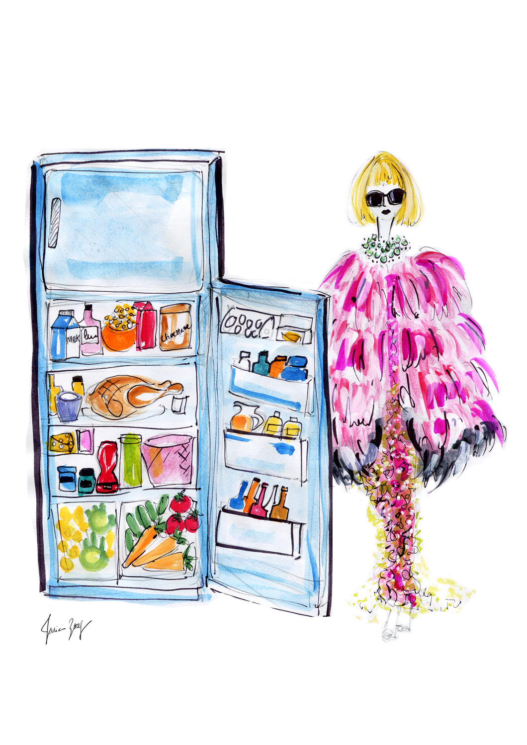 Full fridge with Anna Wintour in her pink Met Gala outfit, her glasses and necklace - digital art by Talia Zoref