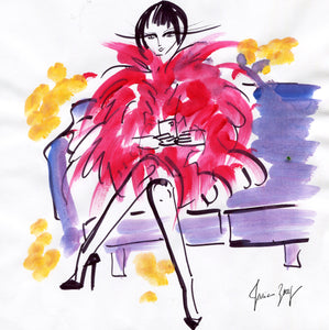 Fashion painting of Chic lady in a pink feathery couture dress feeling good by Talia Zoref