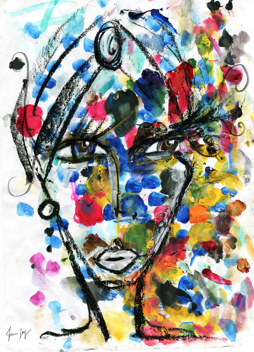 colorful watercolor painting with black marker with Woman in a Turban by Talia Zoref