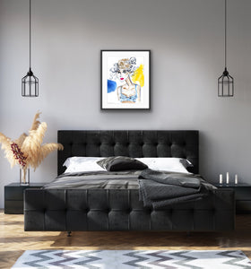 Bedroom wall art with Lady with long lashes and curls by Talia Zoref