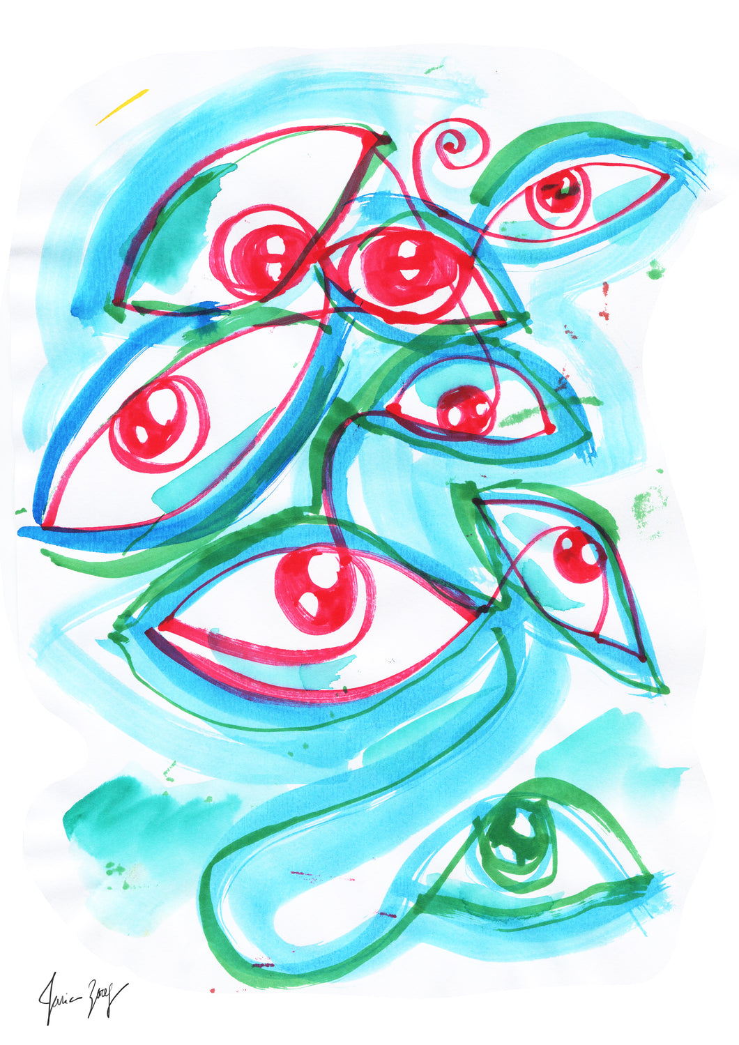 Abstract eye painting with a few eyes connected with lines of red, green and blue - Eyes of Fashion by Talia Zoref