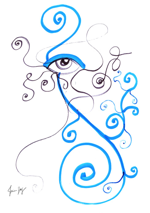 Eye in Flow - Eye Artwork with blue flowing curls - Eyes of Fashion by Talia Zoref