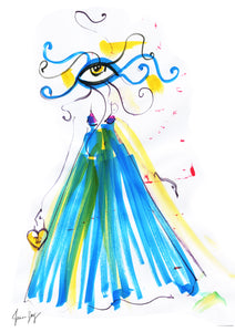 An artwork with an Eye wearing a spring blue, yellow and pink flowing dress-  Eyes of Fashion by Talia Zoref