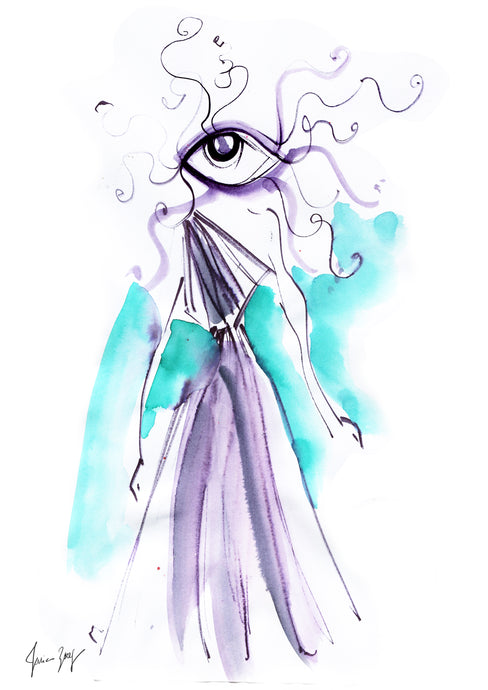 Eye painting has Athena, the Eye wearing a blue and purple one-shoulder dress - Eyes of Fashion by Talia Zoref