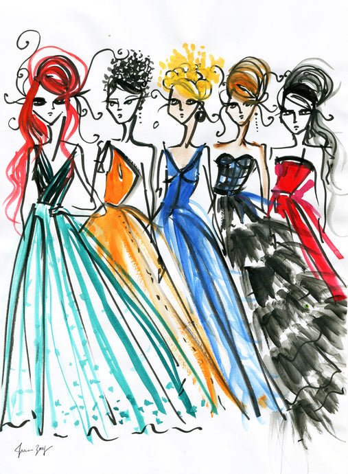 5 Socialites wearing Ball Gowns – Unique Art for Walls by Talia Zoref