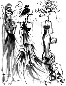 3 women in Black and White ball gowns  – Fashion Illustration by Talia Zoref